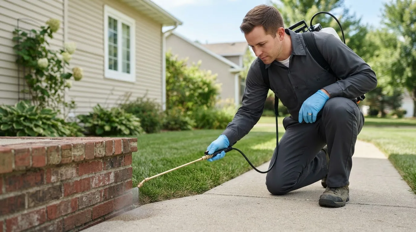 Pest control technician treating a home near Lincoln, IL